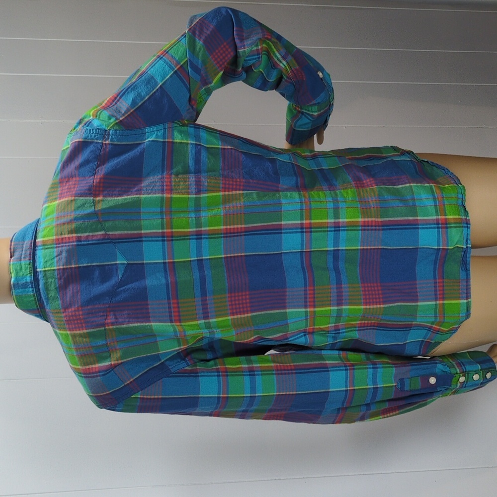 Ralph Lauren Colorful Green & Blue Plaid Snap Button-Up Shirt Large - Picture 6 of 11